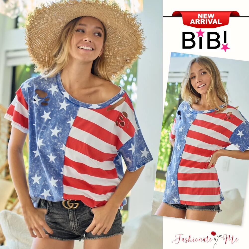 BiBi American Flag Theme Short Sleeves Round Neck Distressed T-Shirt | Navy/Red